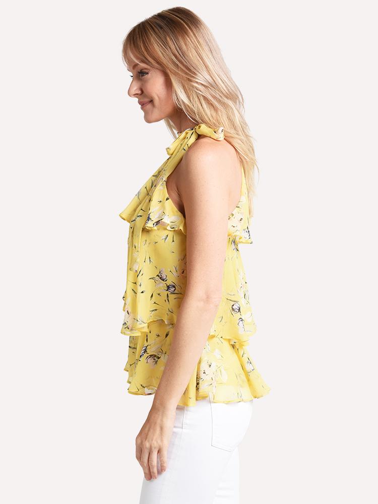 ML Monique Lhuillier Sleeveless Tie Neck With Tiered Ruffle Detail Blouse