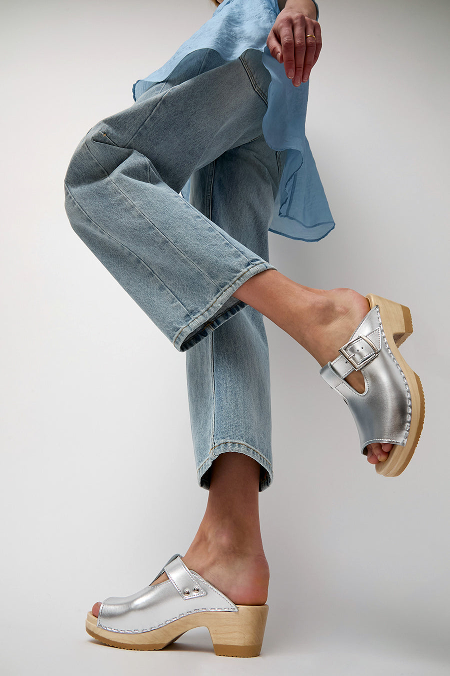 No.6 T Strap Clog on Mid Heel in Silver