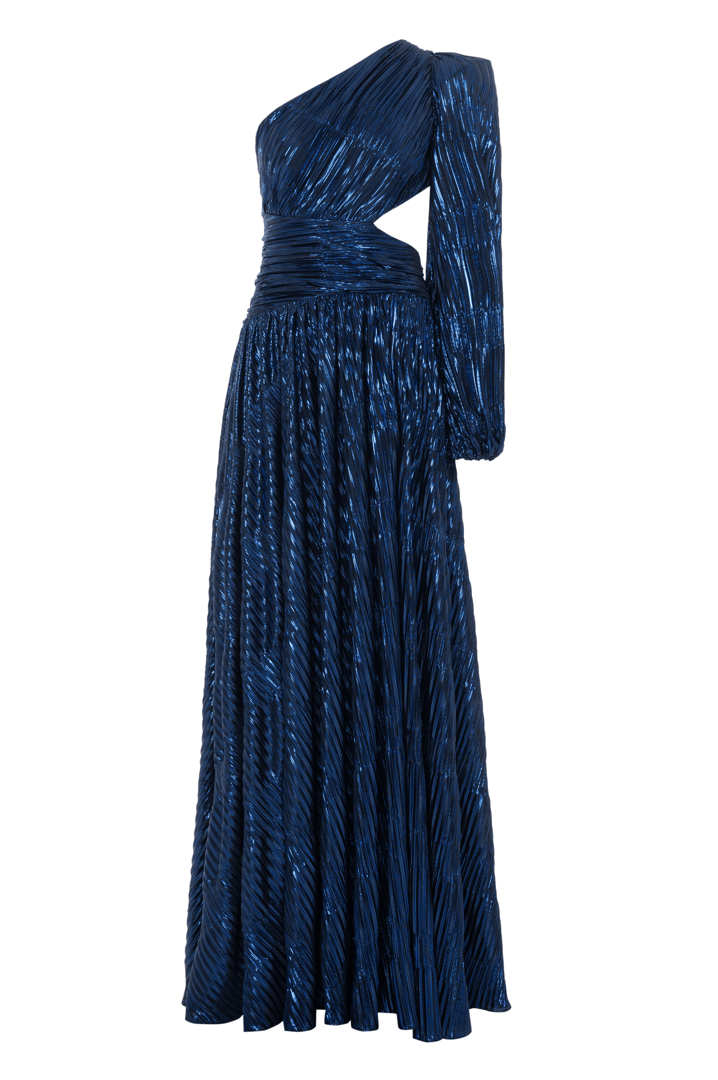 METALLIC PLISSE ONE SHOULDER GOWN