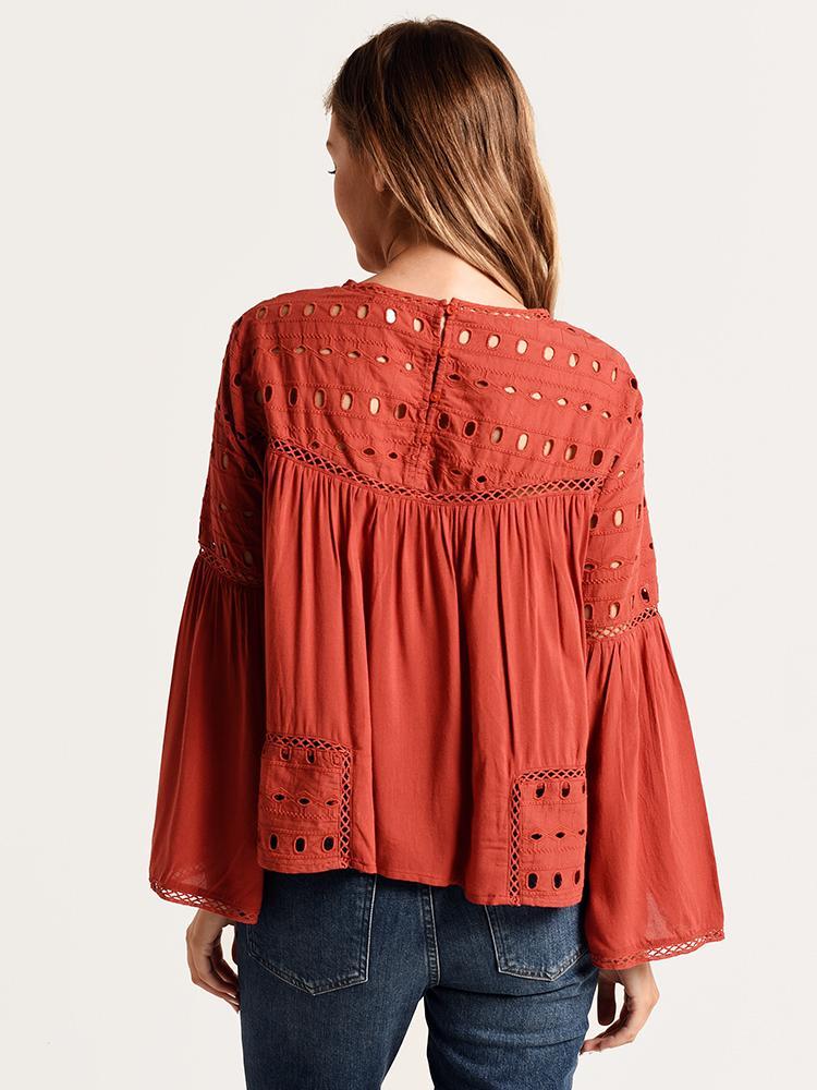 Glam Solid Eyelet Long Sleeve Peasant Top