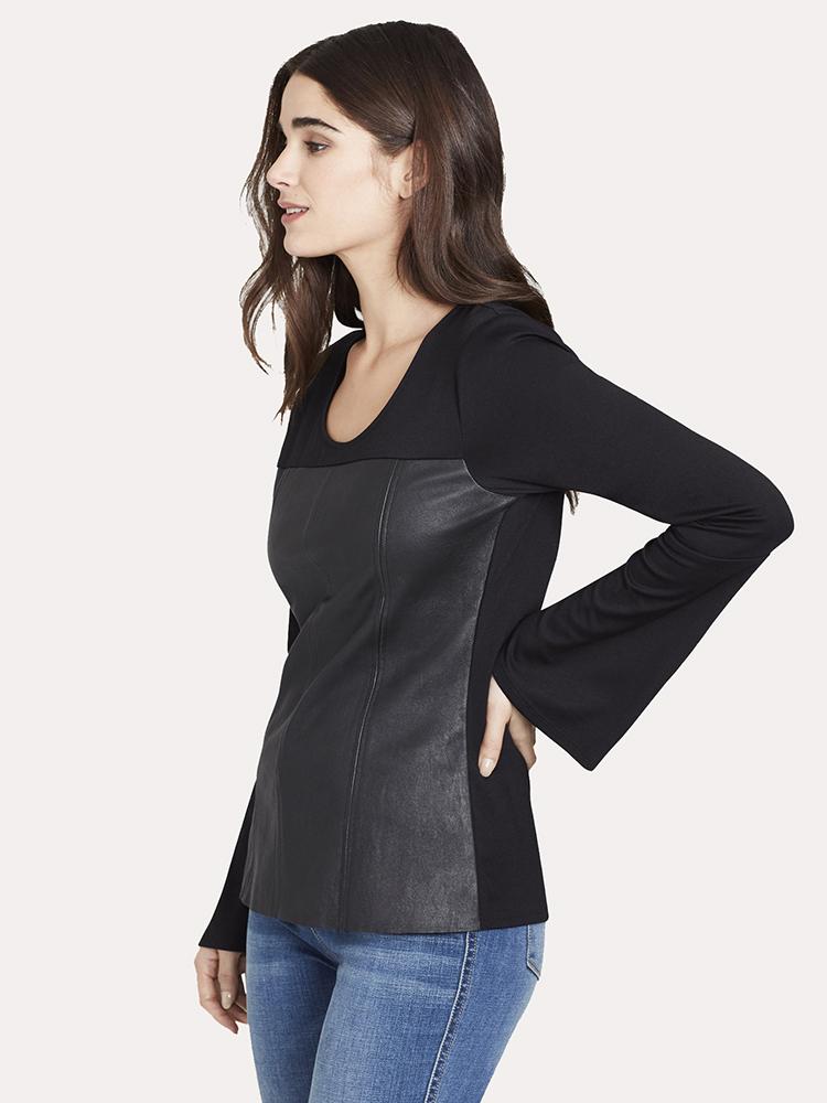 Ecru Bell Sleeve Leather Front Top