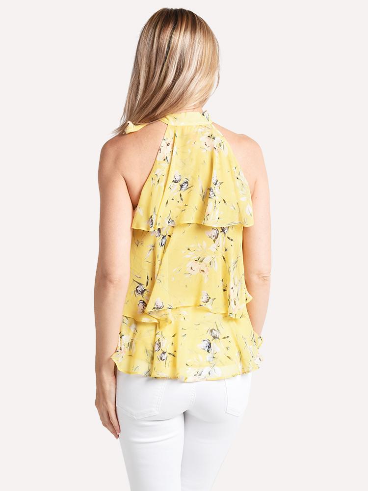 ML Monique Lhuillier Sleeveless Tie Neck With Tiered Ruffle Detail Blouse