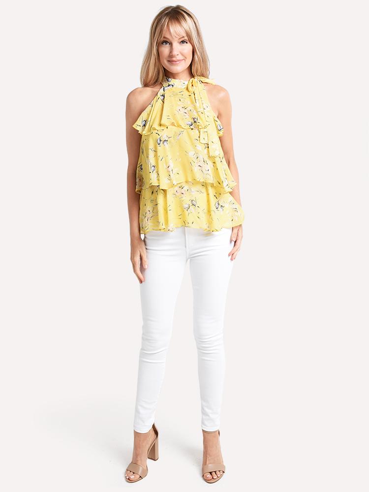 ML Monique Lhuillier Sleeveless Tie Neck With Tiered Ruffle Detail Blouse
