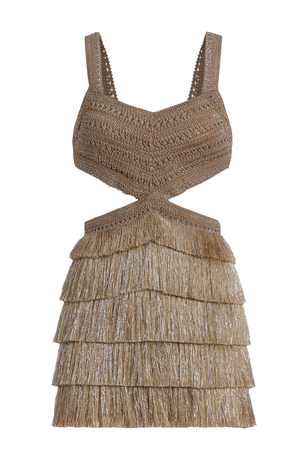 Metallic Fringe Cut-Out Mini Dress