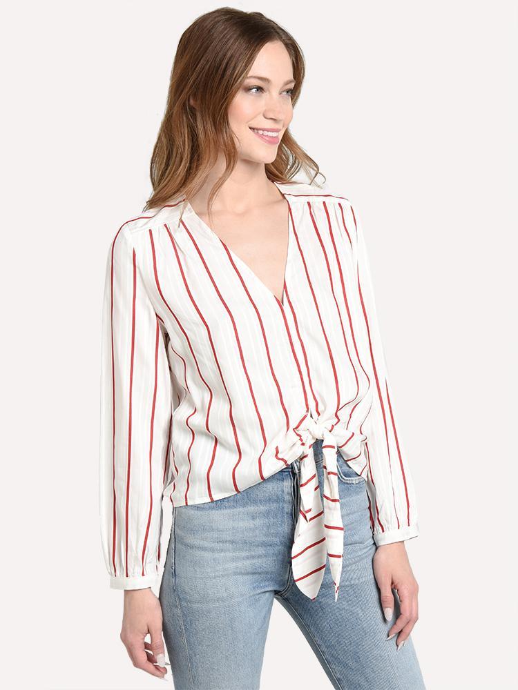 J.O.A. Women's Striped Knot Top With Tie Front Button Down