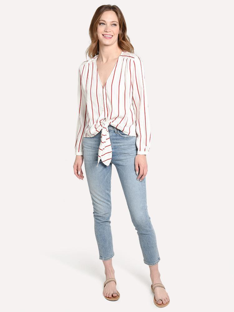 J.O.A. Women's Striped Knot Top With Tie Front Button Down