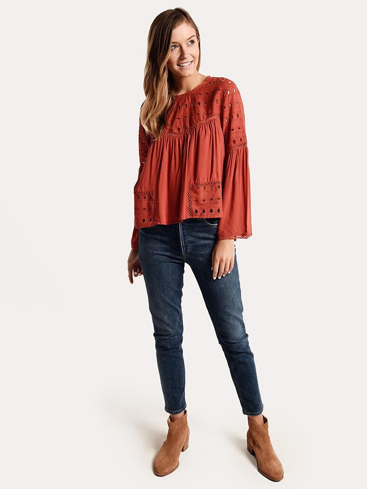 Glam Solid Eyelet Long Sleeve Peasant Top