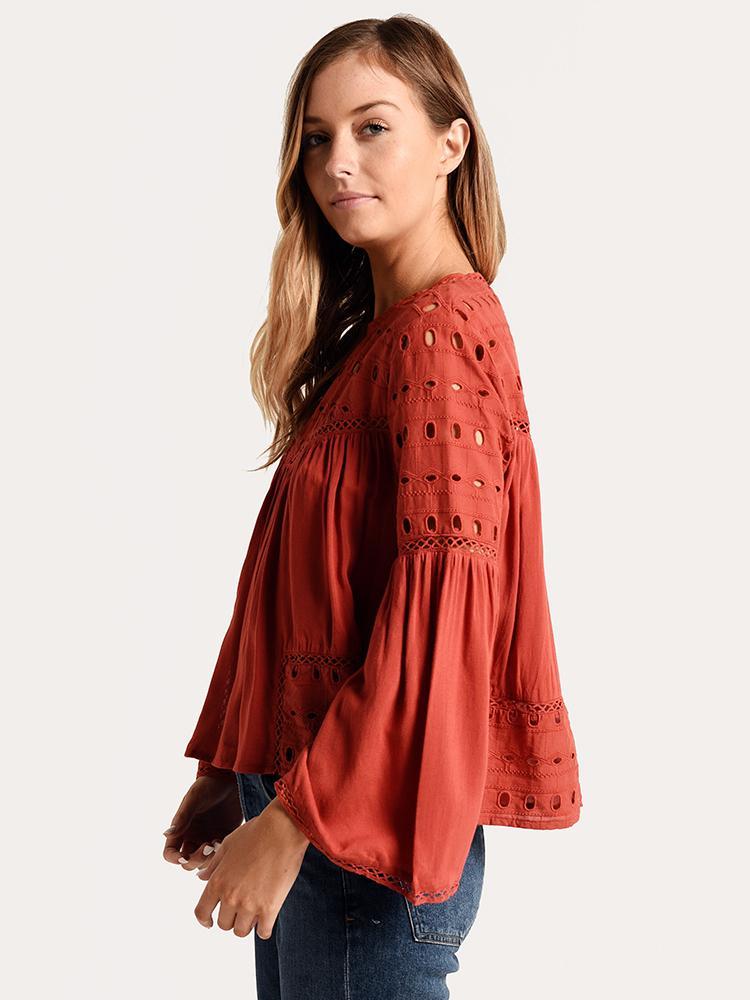 Glam Solid Eyelet Long Sleeve Peasant Top