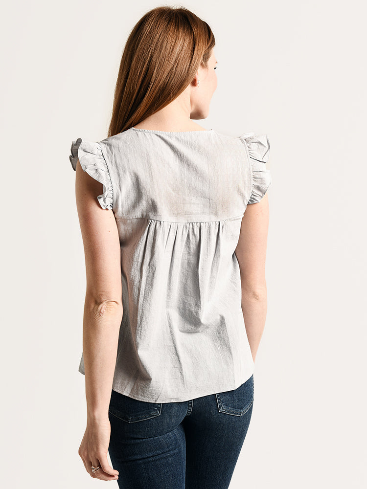 THML Ruffle Sleeve Embroidered Bib Top